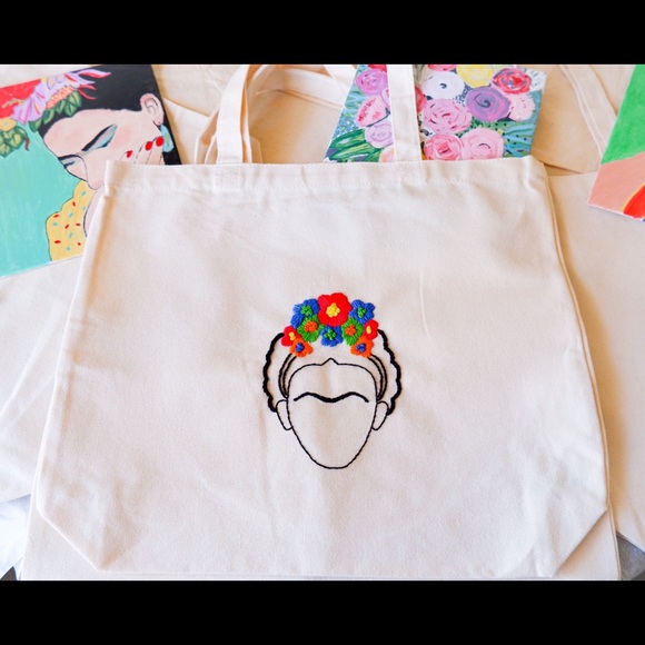 Freida Kahlo canvas tote bag, hand embroidered tote bag, heavy duty canvas tote - Picture 2 of 2